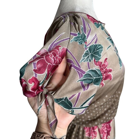 Vintage 80s Floral Short Sleeve Dress Small Slightly Sheer Tie Sleeves Elastic - Picture 6 of 8